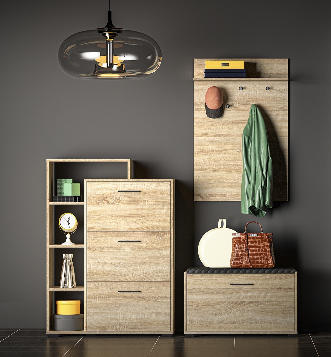 zestaw garderoba 150 Caro 3 szafka z siedziskiem regał wieszak