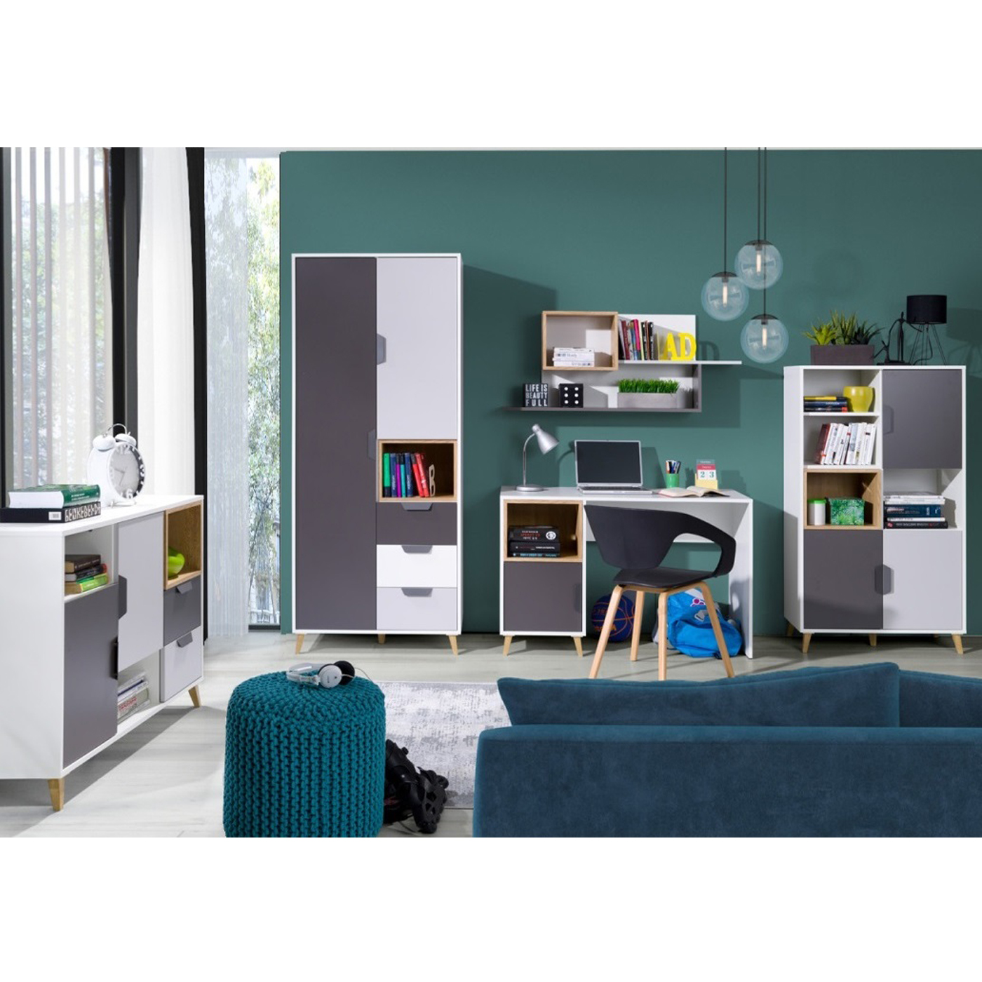 zestaw meble młodzieżowe dziecięce Joker 3 biurko komoda szafa regał