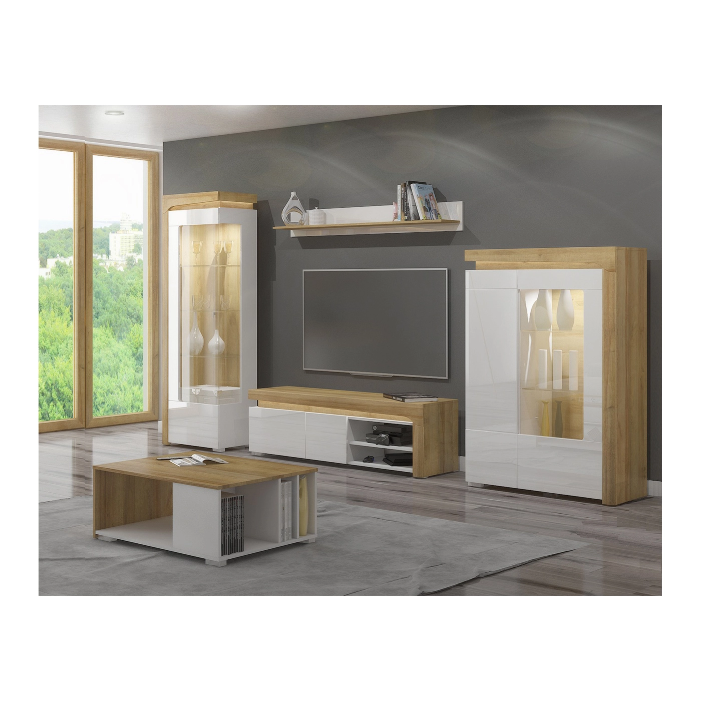 zestaw meblościanka Theo 4 witryna komoda rtv ława biała +dąb