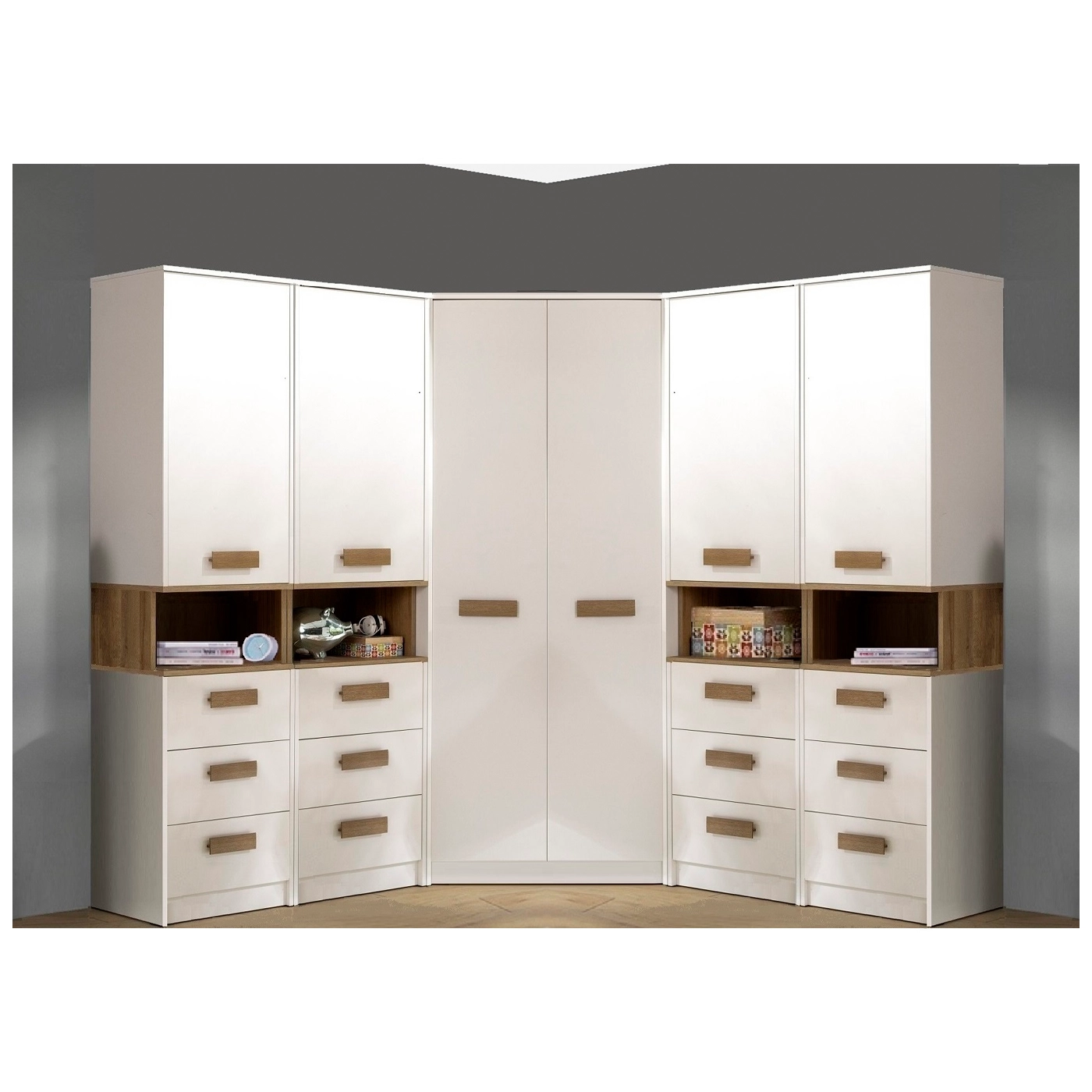 zestaw regał i szafa Grant 41 rogowa narożna garderoba duża biała