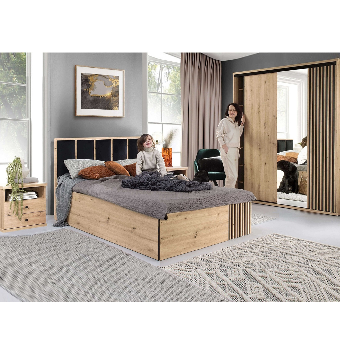 zestaw sypialnia loft cali 7 łóżko z pojemnikiem szafki szafa z lustrem