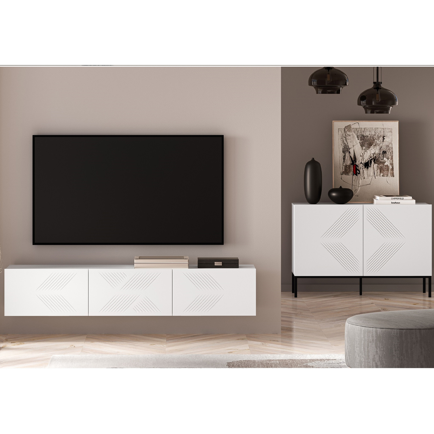 zestaw frezowany Clearing 7 szafka duża wisząca rtv komoda z nogami