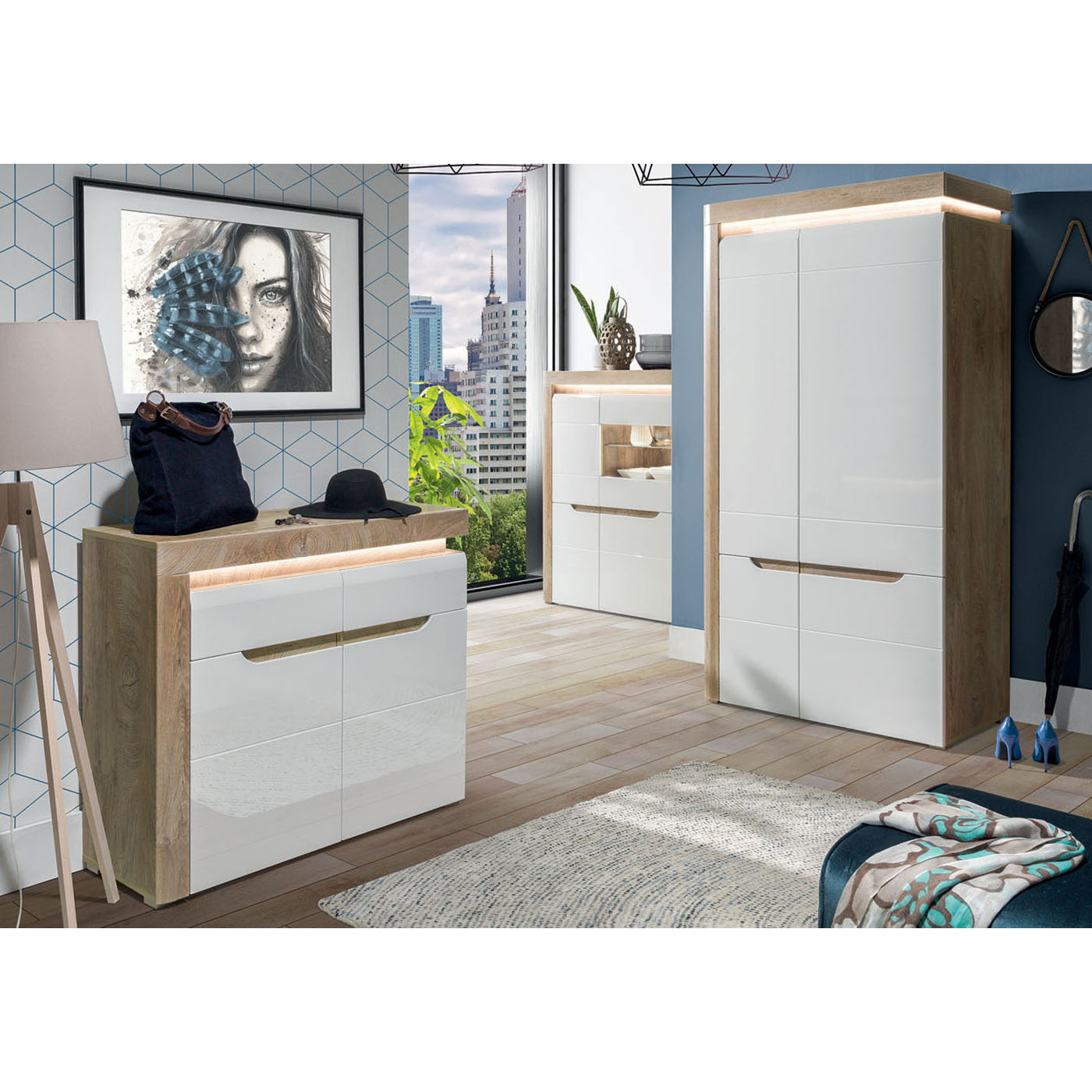 zestaw mebli nowoczesnych Irma 7 witryna komoda szafa biała połysk