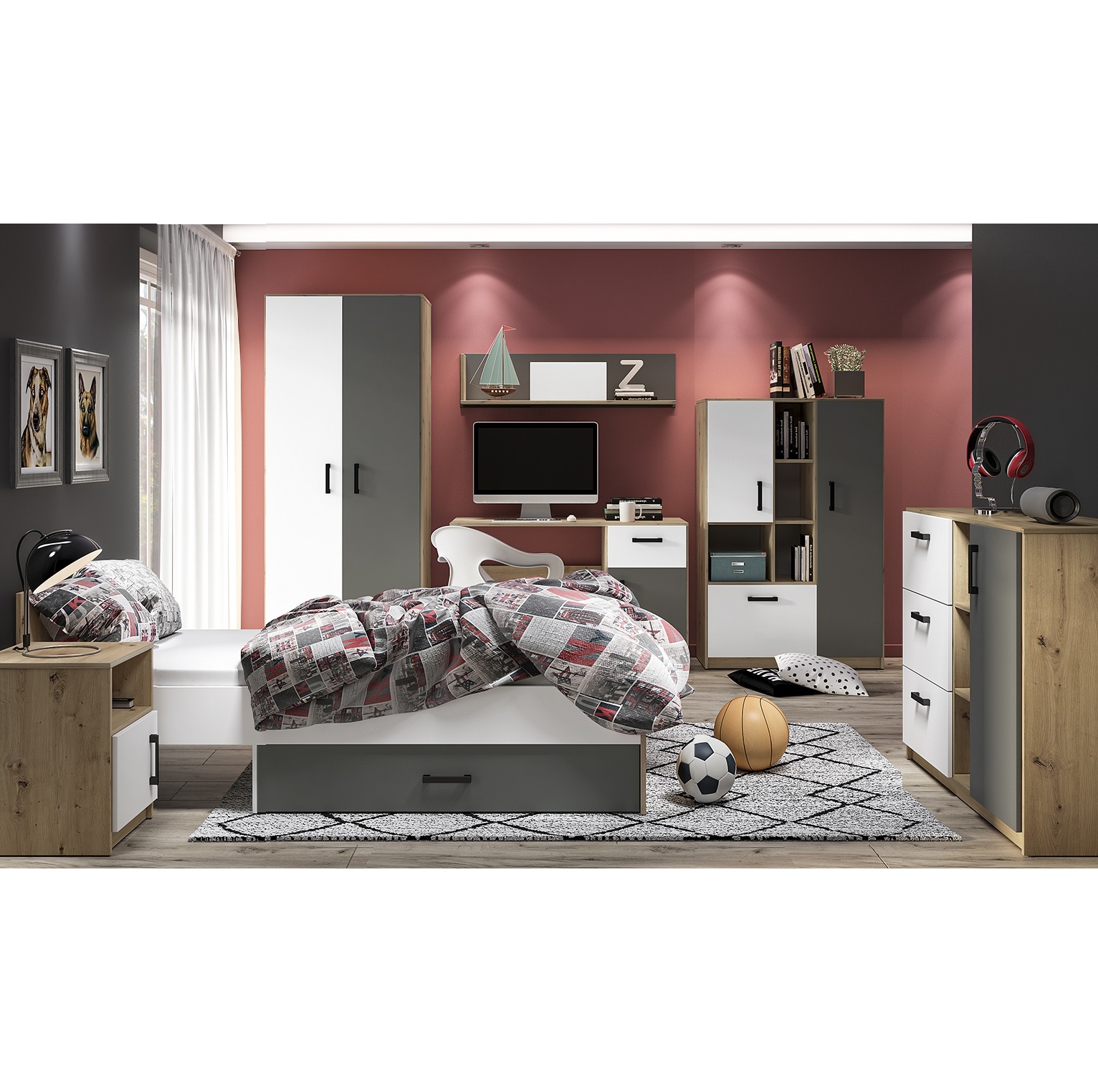 zestaw meble dla dzieci młodzieży ucznia Fini 2 biurko komoda łóżko szafa komplet biały + antracyt + artisan do pokoju