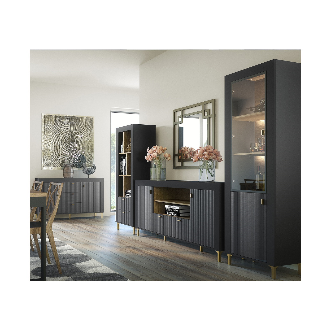 zestaw mebli na nóżkach Mossa 1 meblościanka elegancka witryna komoda regał z nogami czarny + dąb whisky do spokoju salonu