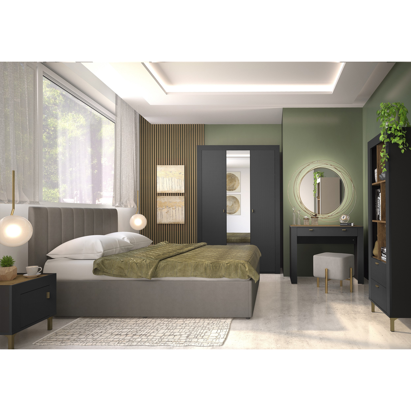 zestaw Mossa 4 szafa z lustrem łóżko tapicerowane toaletka regał do sypialni