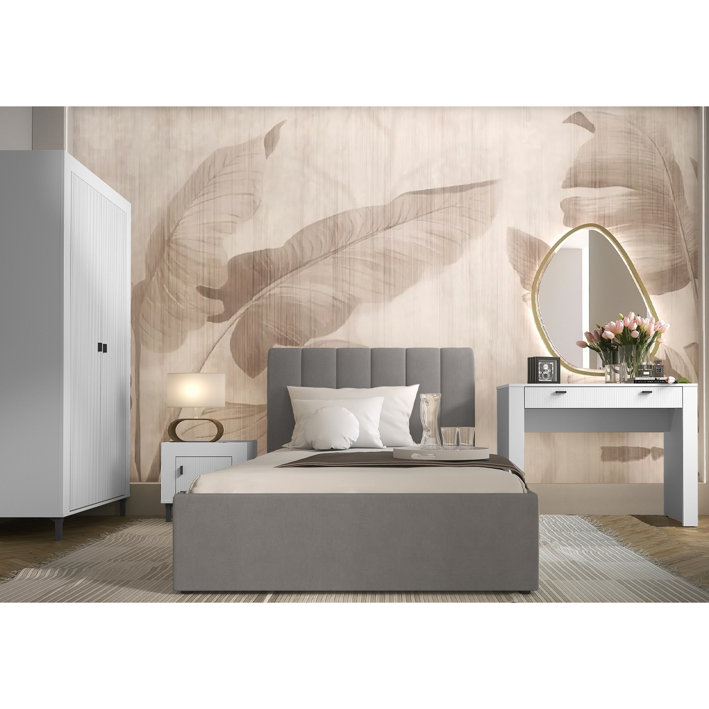 zestaw Mossa 5 łóżko tapicerowane szafa toaletka biały do pokoju sypialni