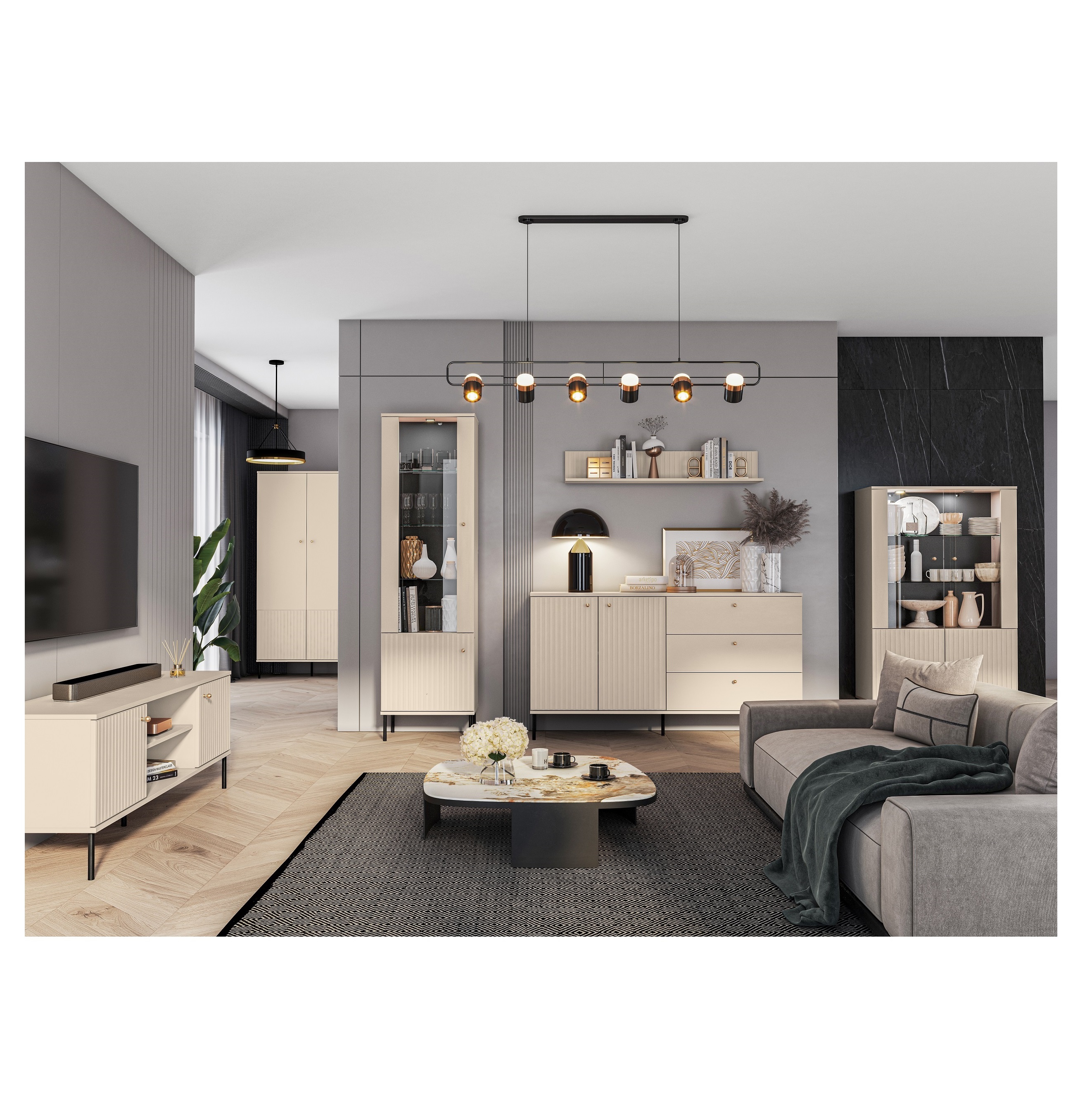 zestaw mebli na nóżkach Sophie 1 duża komoda witryna rtv szafa