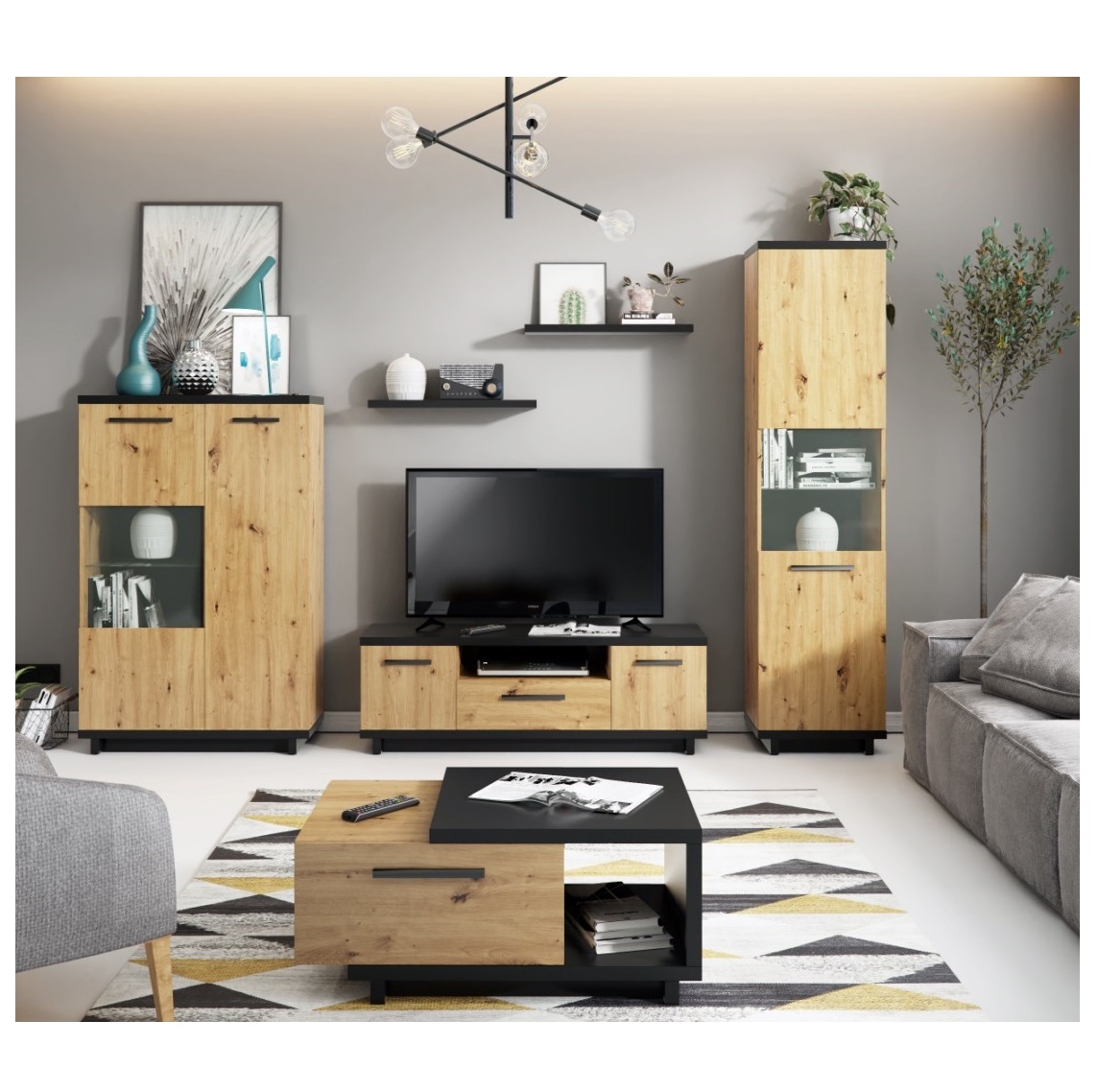 zestaw mebli pokojowych Ines 5 komplet witryna ława rtv loft dąb artisan + czarny do salonu pokoju