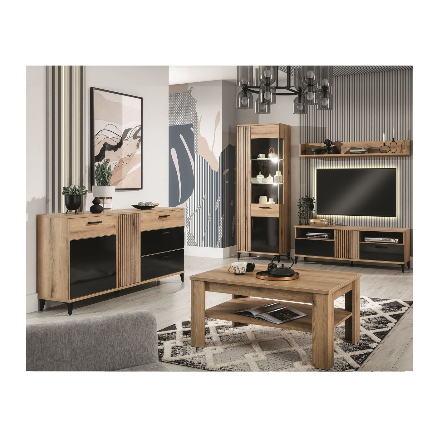 zestaw elegancki nowoczesny Aris 2 komoda rtv witryna ława do salonu