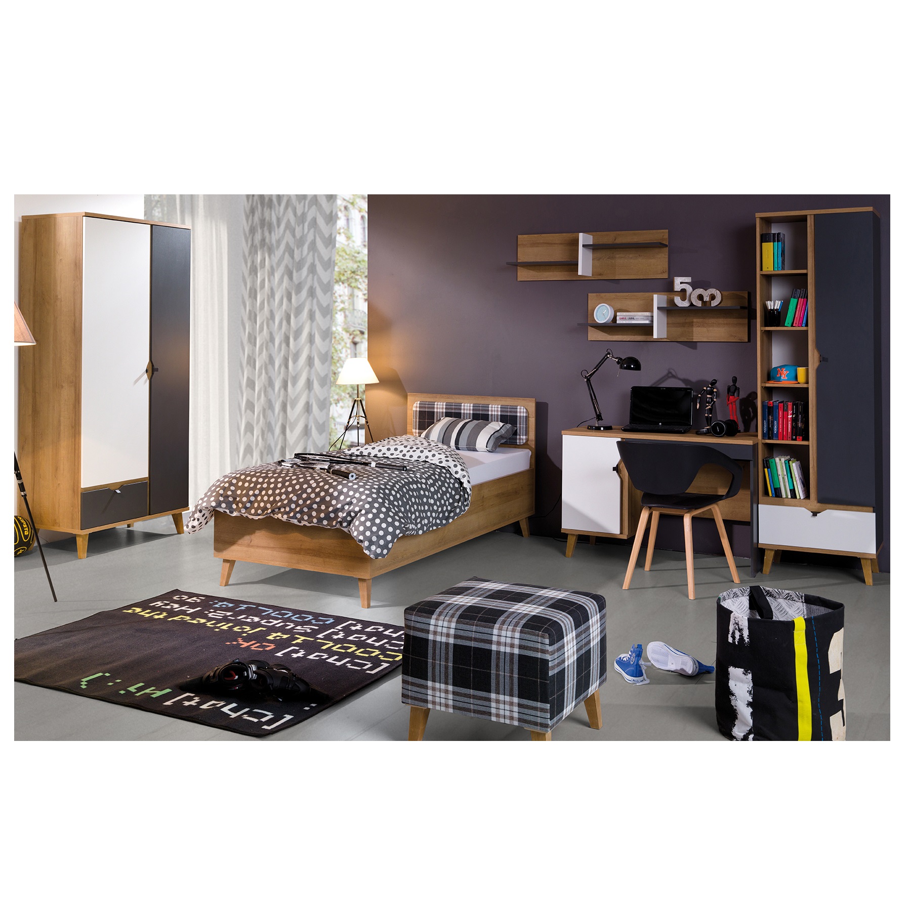 zestaw mebli młodzieżowych dziecięcych Memone 7 biurko łóżko regał szafa na nóżkach dąb riwiera złoty + biały + grafit do pokoju