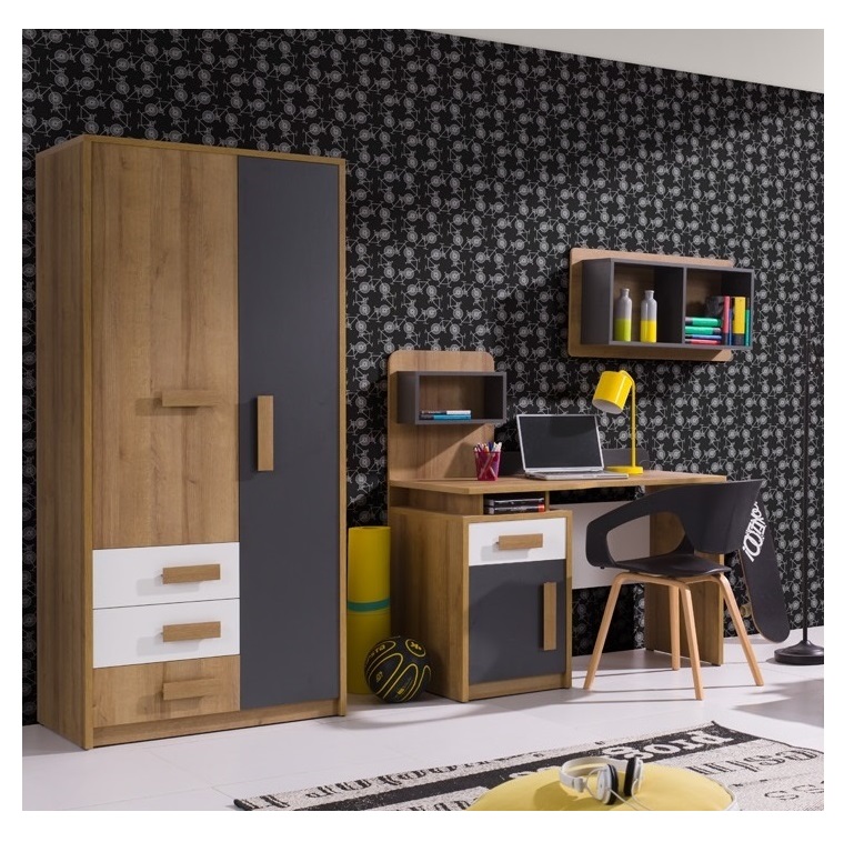 zestaw mebli komplet młodzieżowy dziecięcy Quatro 1 szafa biurko półka dąb riviera złoty + biały + grafit do pokoju