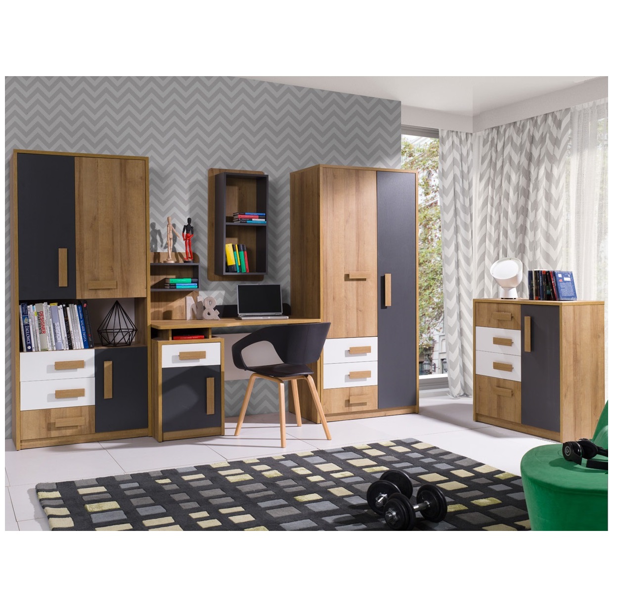 zestaw mebli młodzieżowych dzieci Quatro 4 komplet biurko komoda szafa regał dąb riviera złoty + biały + grafit do pokoju