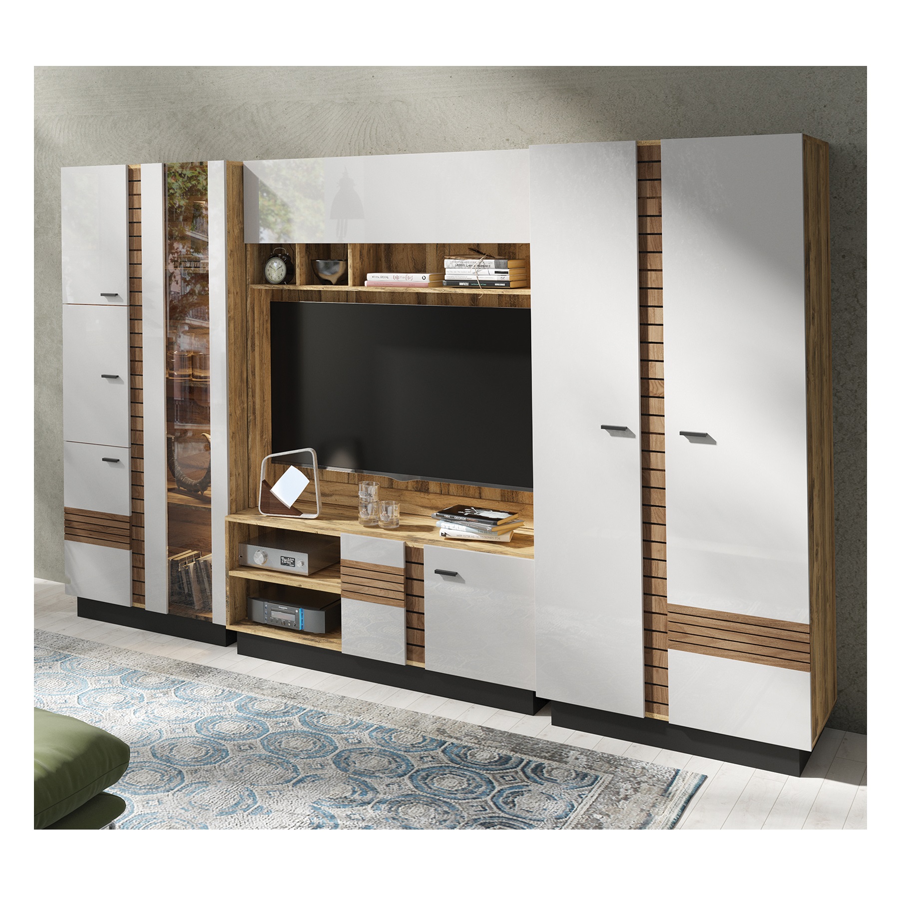 Meblościanka Val Gardena zestaw podstawowy orzech latte połysk do salonu