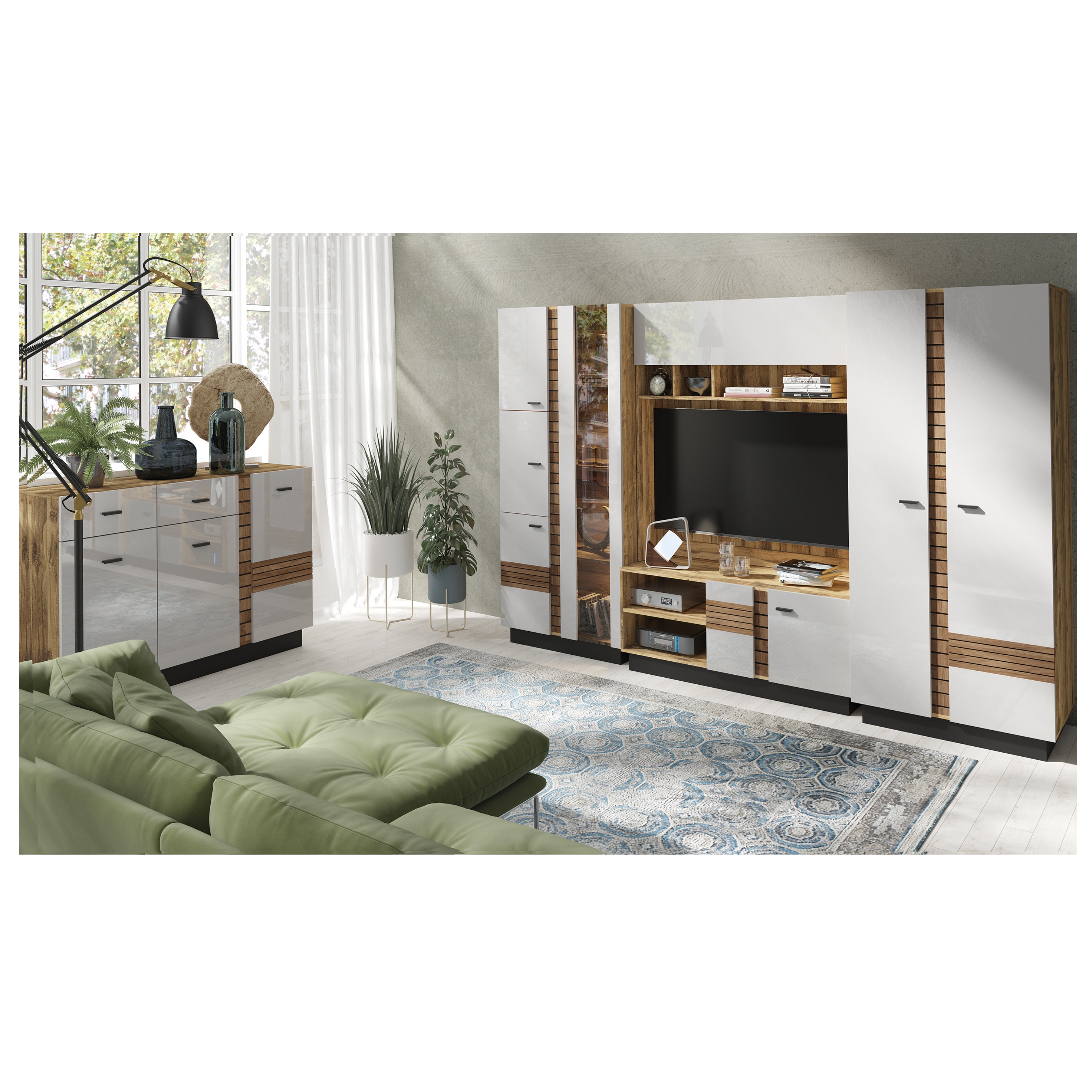 Meblościanka Val Gardena zestaw podstawowy z komodą VG12 orzech latte połysk