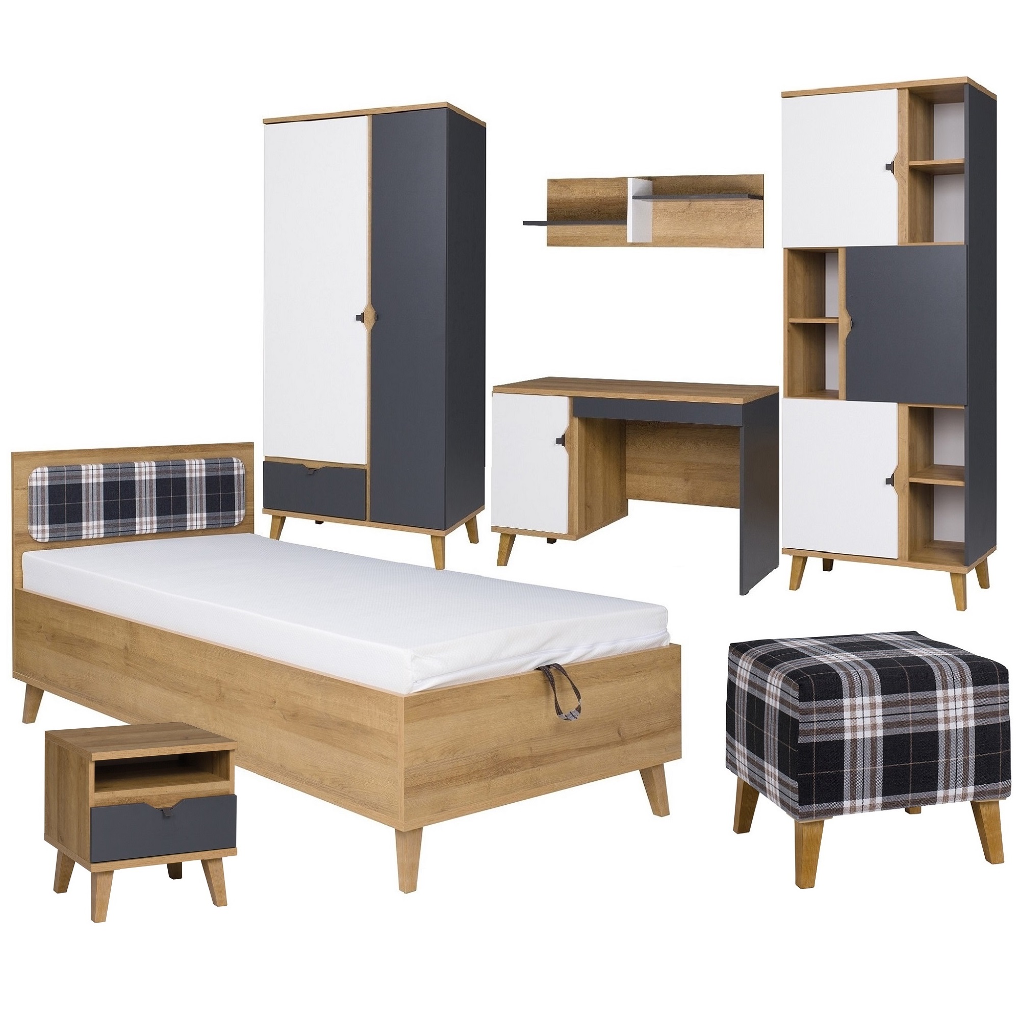 zestaw mebli młodzieżowych dziecięcych Memone 9 biurko łóżko regał szafa na nóżkach dąb riwiera złoty biały grafit do pokoju