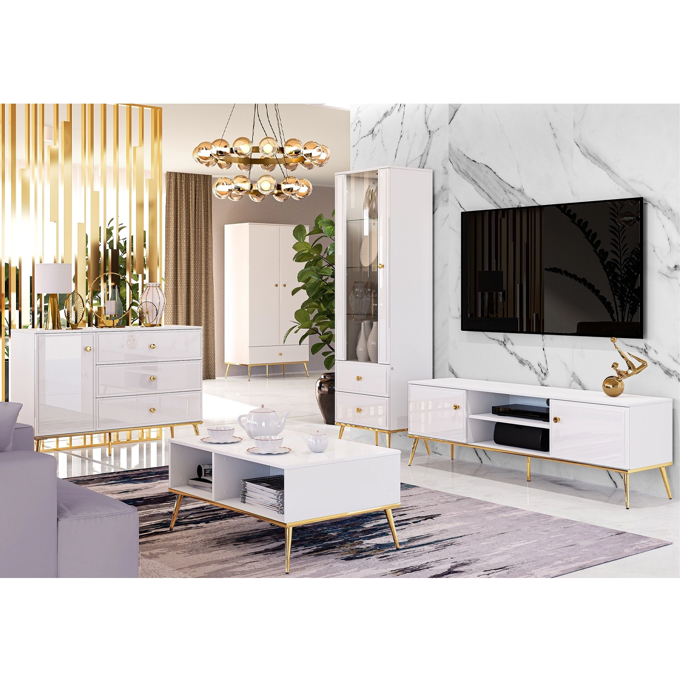 zestaw ze złotymi nogami Goldin 1 szafa komoda witryna ława rtv