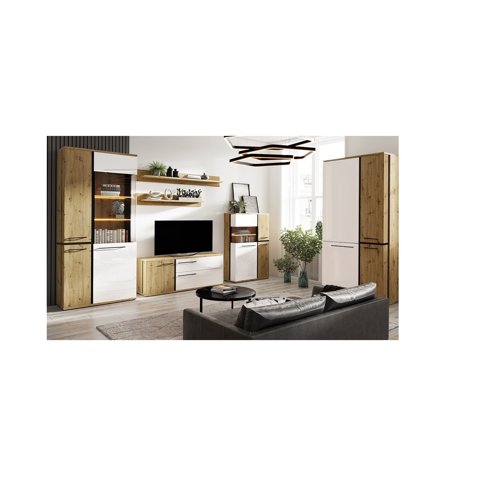 zestaw mebli ryflowane w połysku Molto A 1 artisan biała witryna szafa rtv szafka meblościanka komplet do salonu pokoju