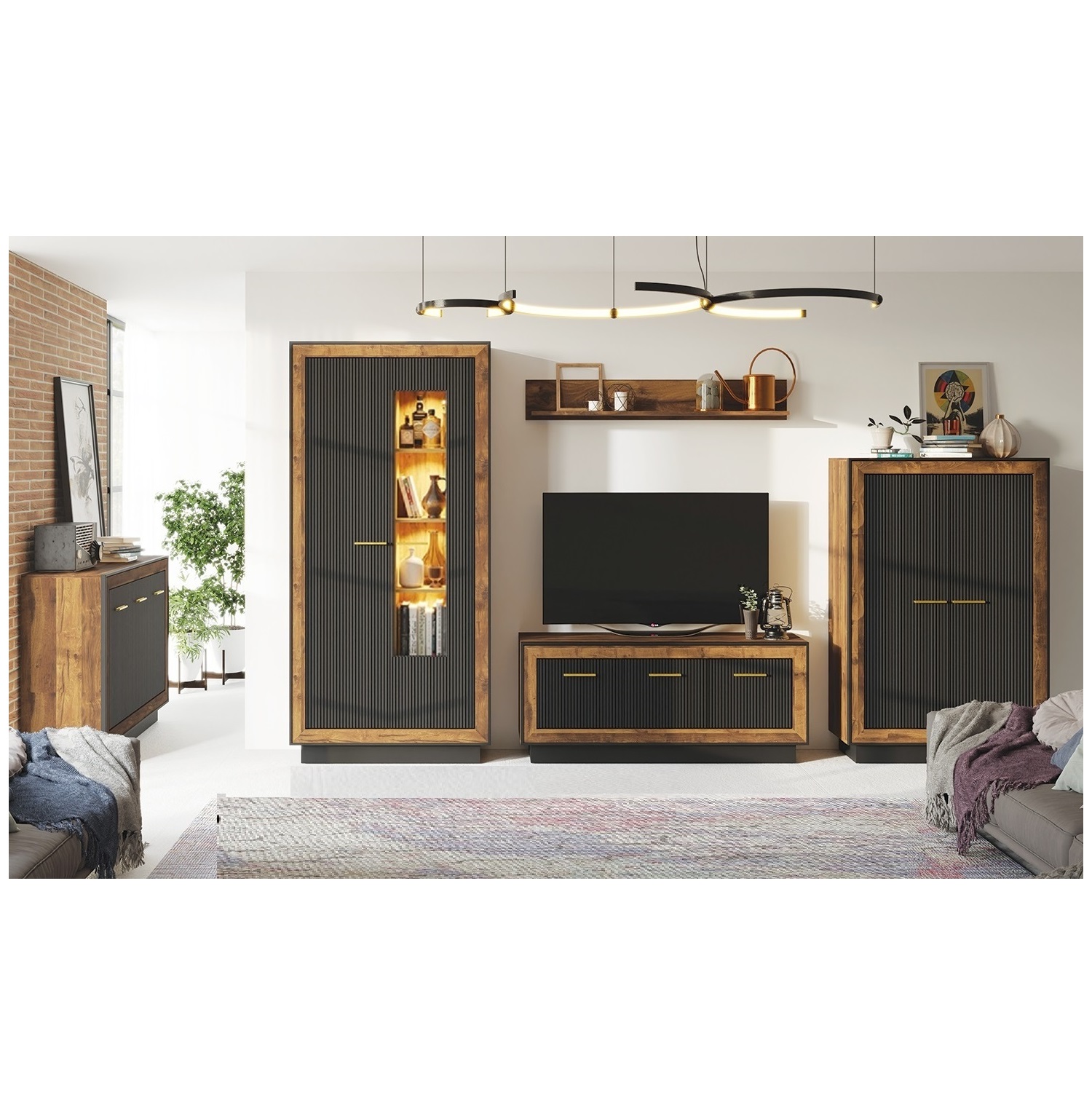 zestaw mebli Fox 2 dąb artisan / hunton / czarny meblościanka segment komplet do salonu pokoju