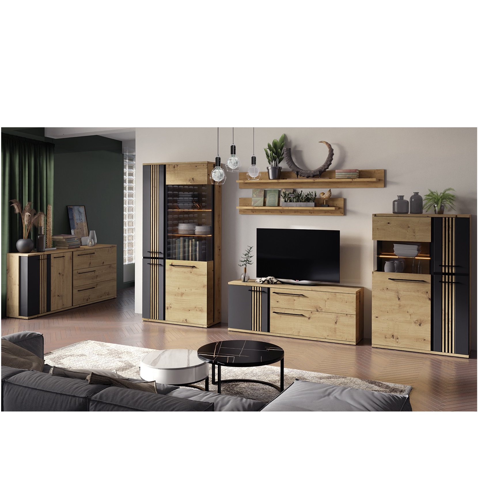 zestaw mebli z lamelami Molto B 2 witryna komoda rtv szafkaartisan meblościanka komplet do salonu pokoju