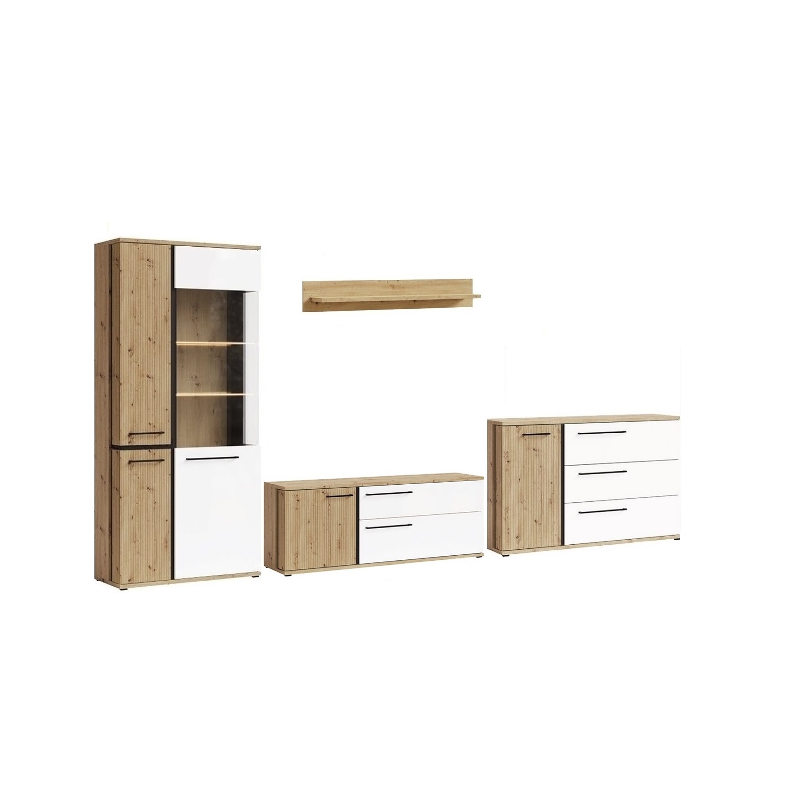 zestaw mebli ryflowane frezowane Molto A 3 witryna komoda szafka rtv biała artisan meblościanka komplet do pokoju salonu