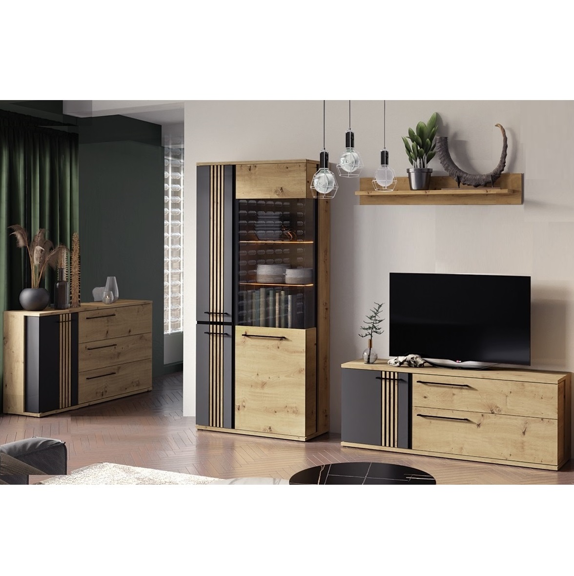 zestaw mebli z lamelami Molto B 3 komoda witryna szafka rtv artisan czarny komplet loft do salonu pokoju