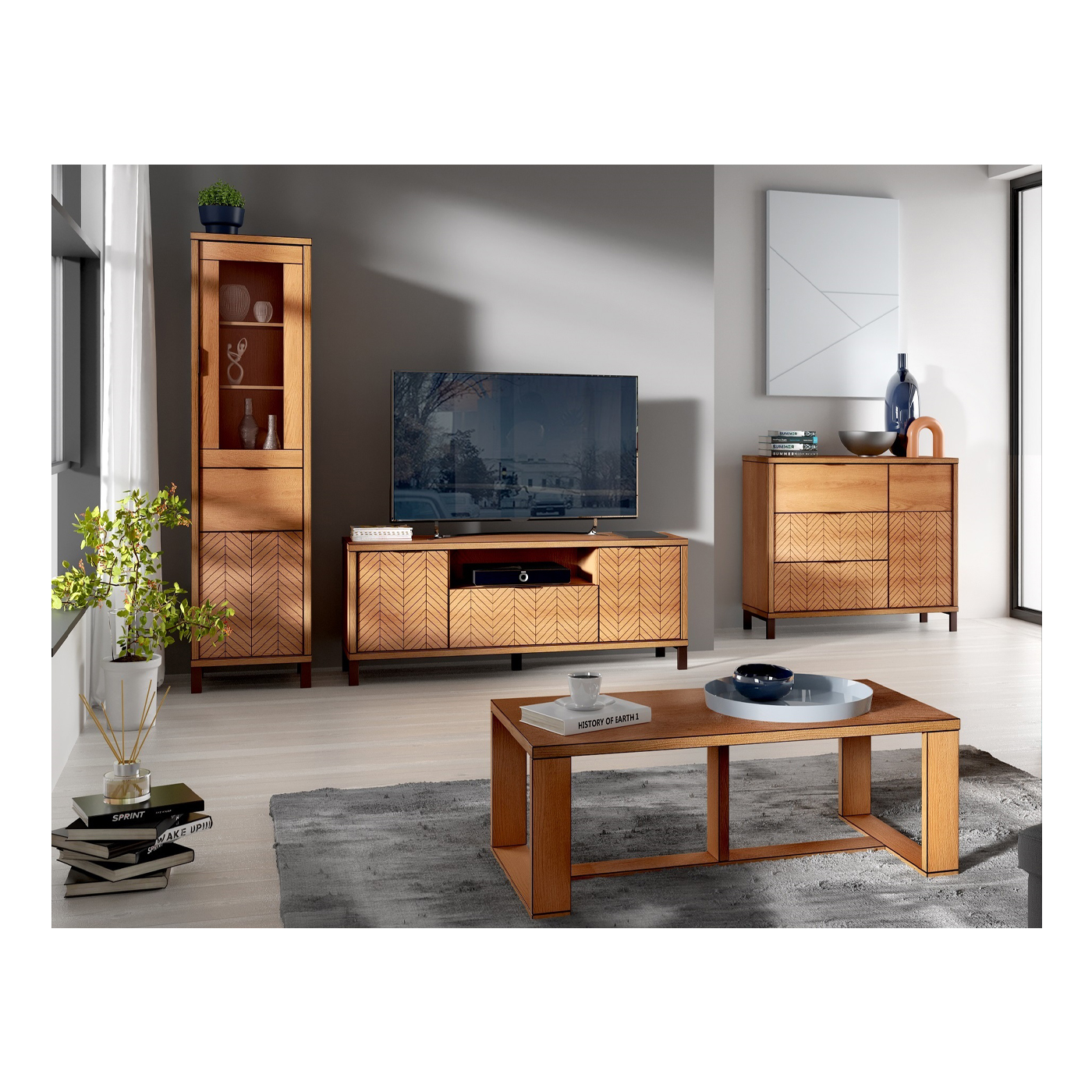 zestaw na nóżkach loft Fonti 4N meblościanka z ławą witryna rtv komoda