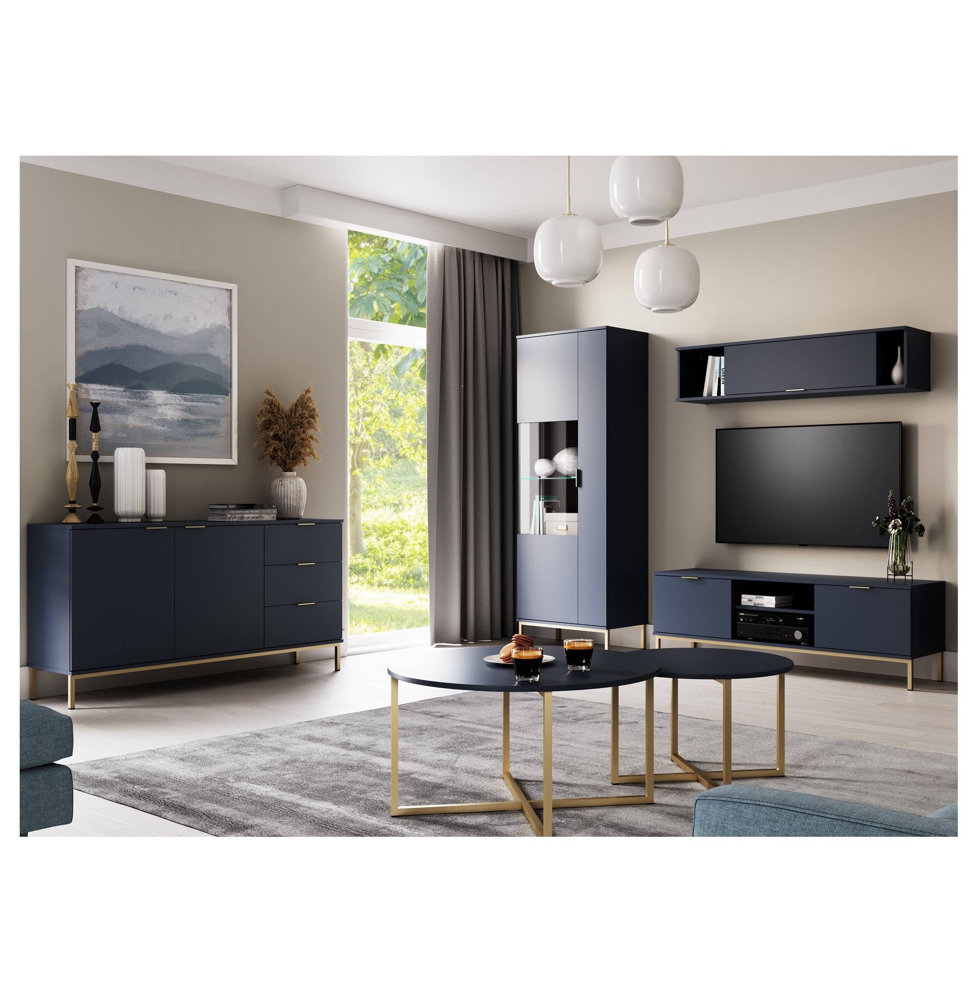 zestaw mebli nowoczesny na nóżkach Pula 6 komoda rtv witryna ława