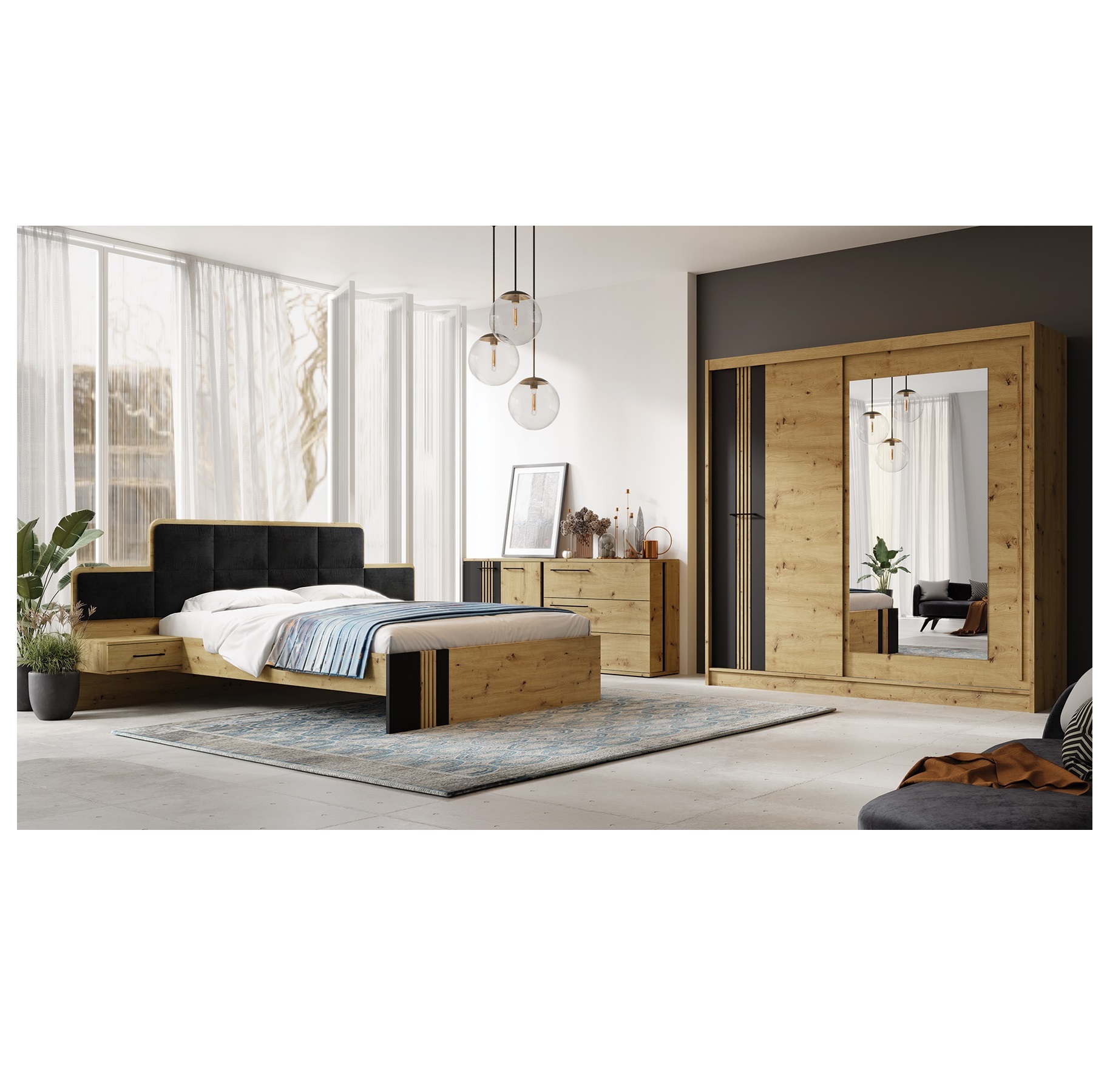 zestaw mebli z lamelami Molto B 7 duża komoda szafa z lustrem łóżko ze stolikami artisan komplet nowoczesny loft do sypialni