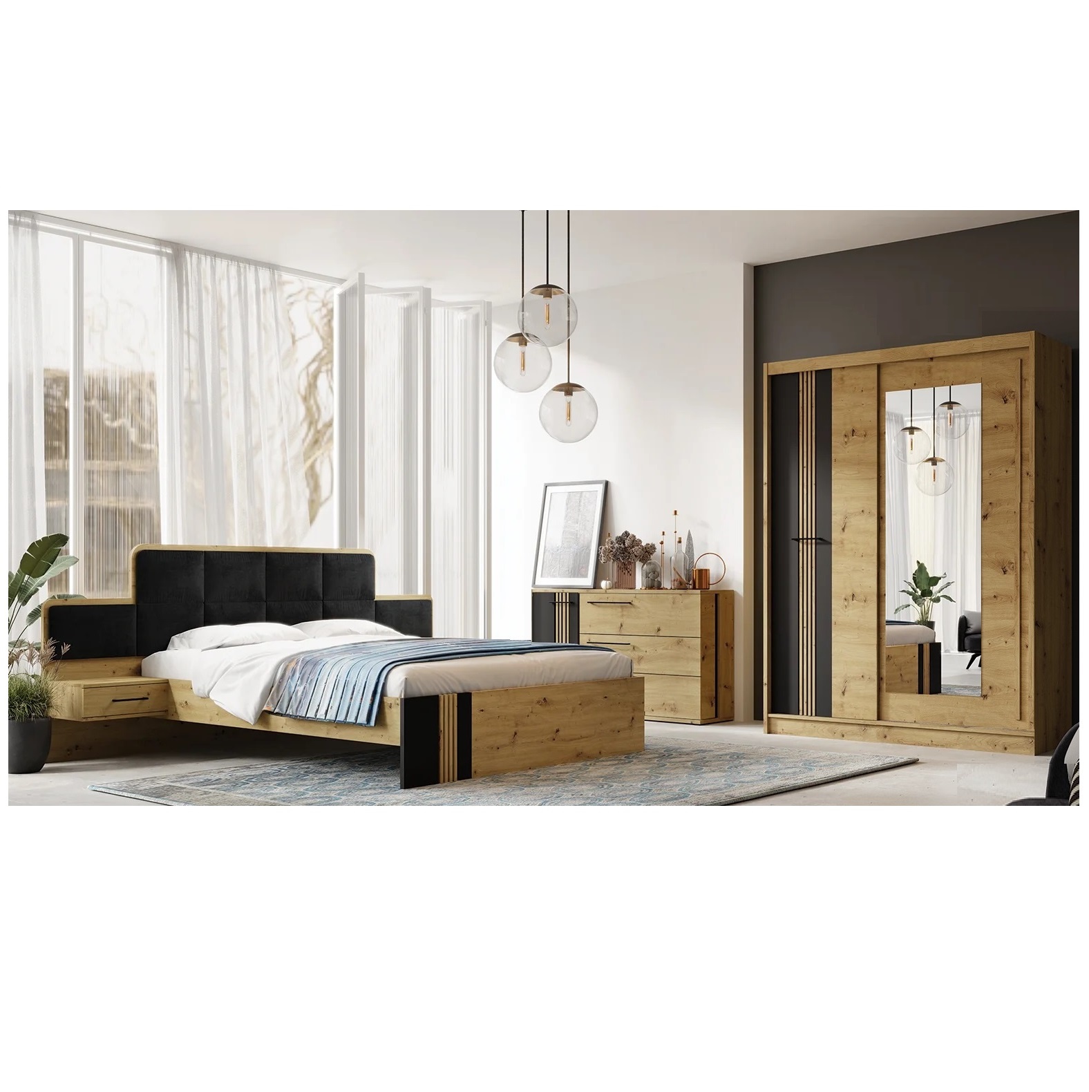 zestaw mebli z lamelami Molto B zestaw 8 szafa z lusytem komoda łóżko z szafkami nocnymi artisan loft zestaw do sypialni