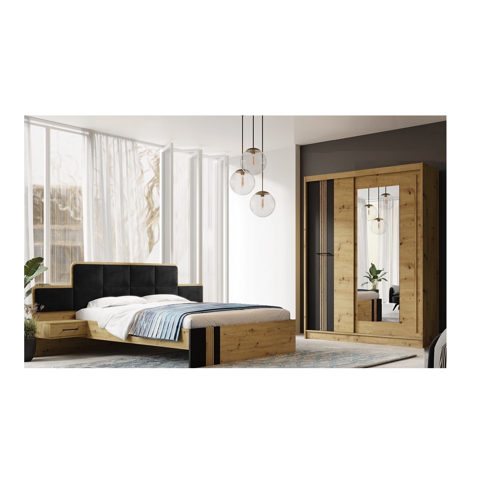 zestaw mebli sypialnia z lamelami Molto B 9 łóżko z szafkami nocnymi szafa z lustrem artisan czarny komplet loft do sypialni