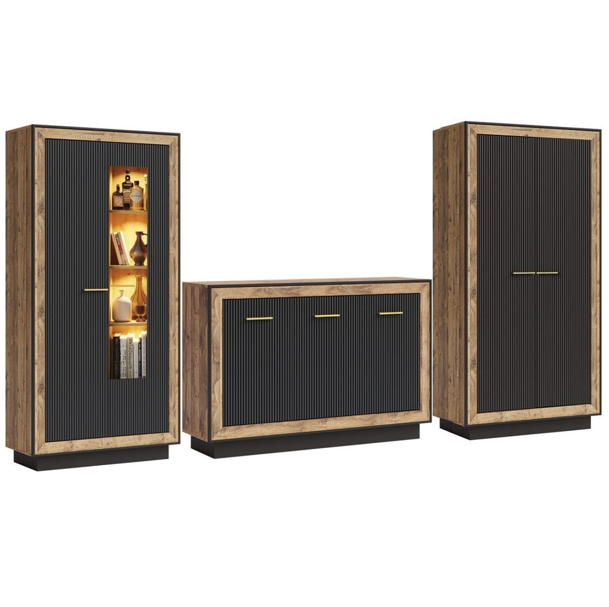 zestaw mebli z oświetleniem Fox C dąb artisan / hunton / czarny meblościanka komplet segment do salonu pokoju