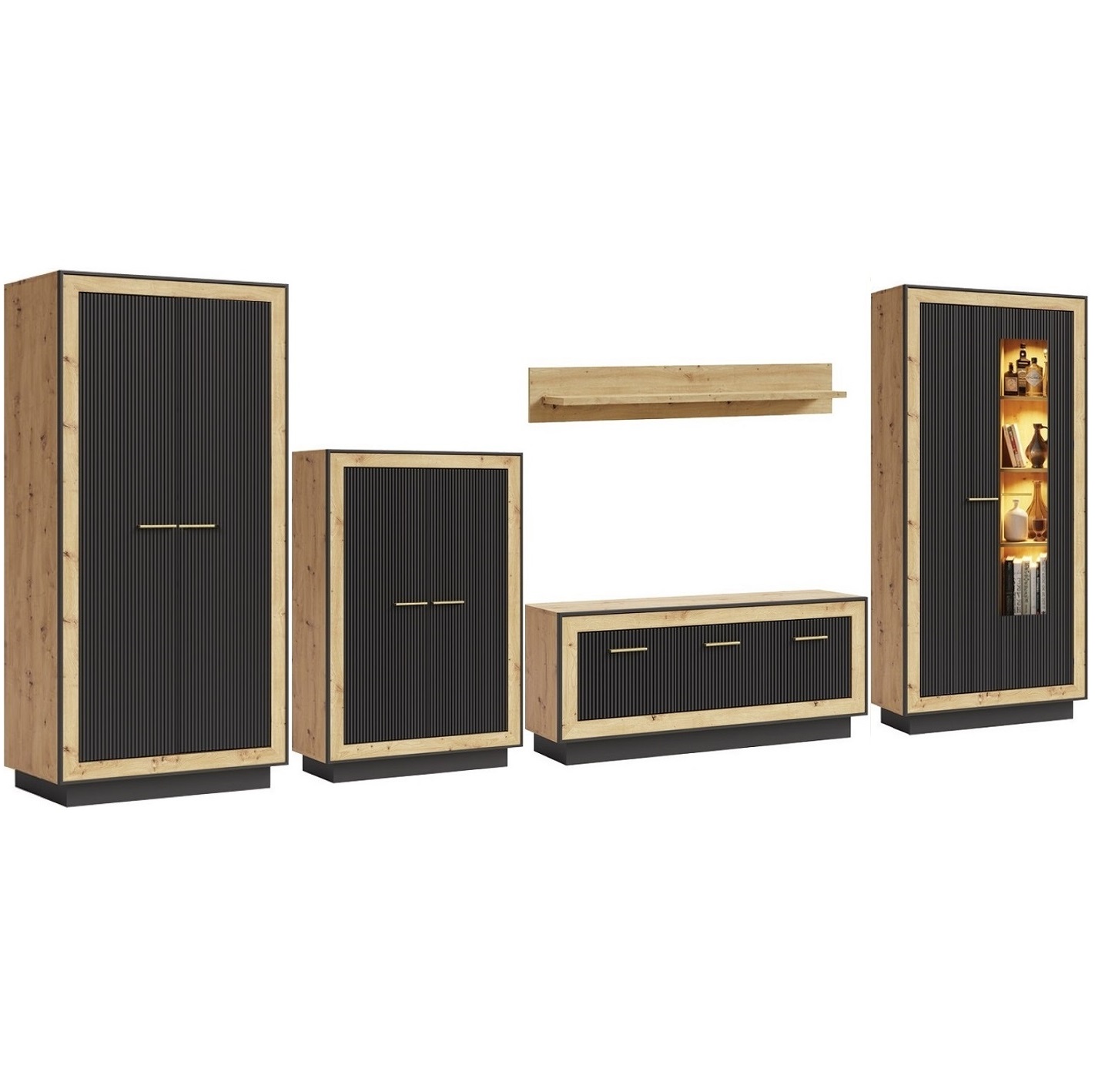 zestaw mebli z oświetleniem Fox D dąb artisan / hunton / czarny meblościanka rtv zestaw segment do pokoju salonu
