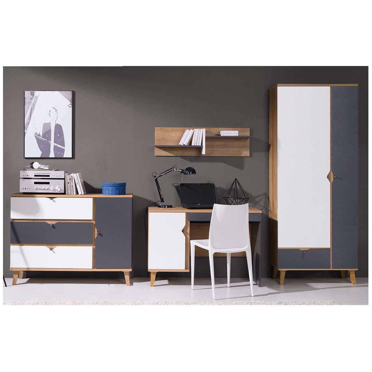 zestaw mebli młodzieżowych dziecięcych Memone D biurko komoda szafa komplet do pokoju biura