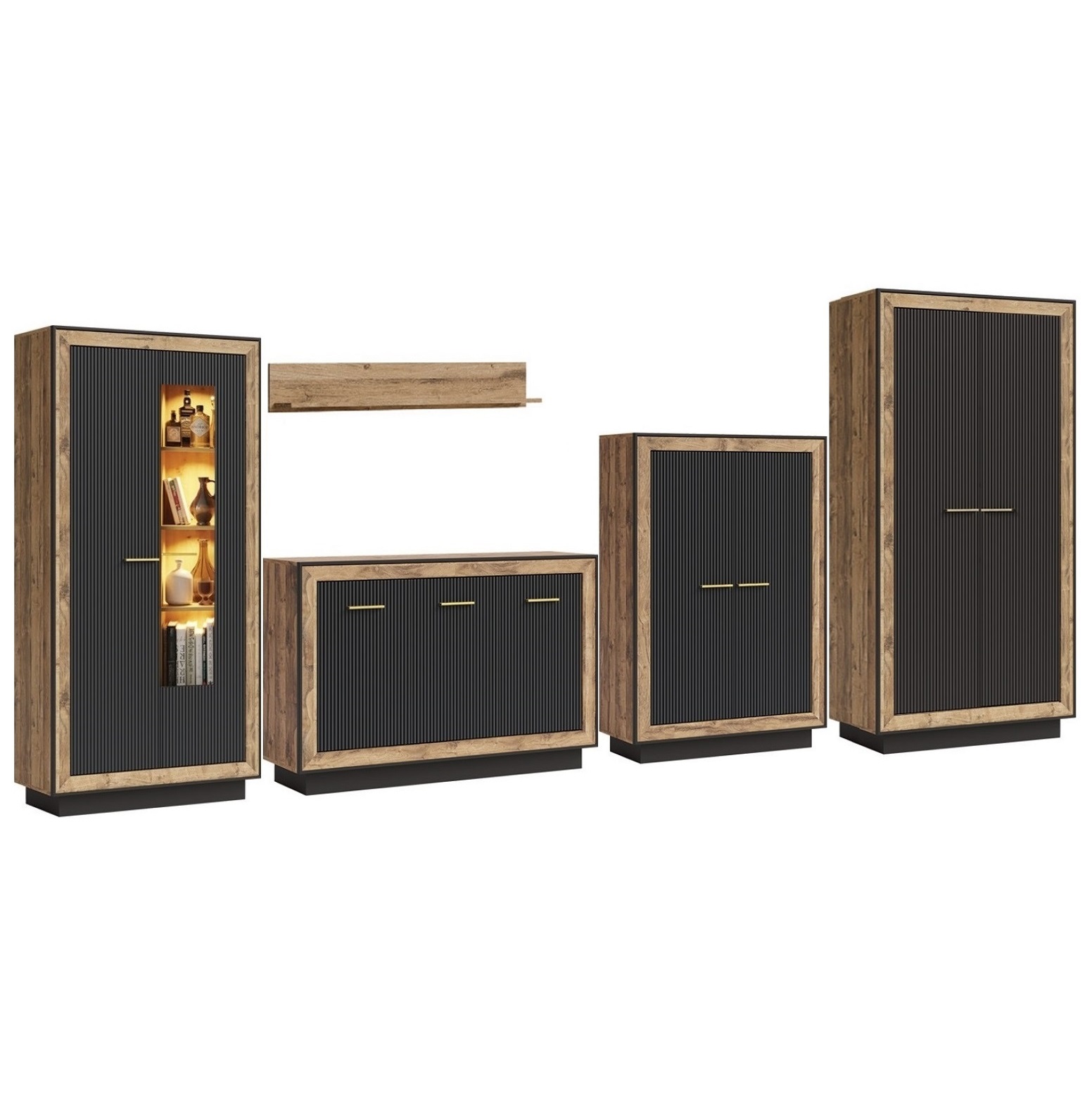 Zestaw mebli z oświetleniem Fox E dąb artisan / hunton / czarny segment komplet meblościanka do pokoju salonu