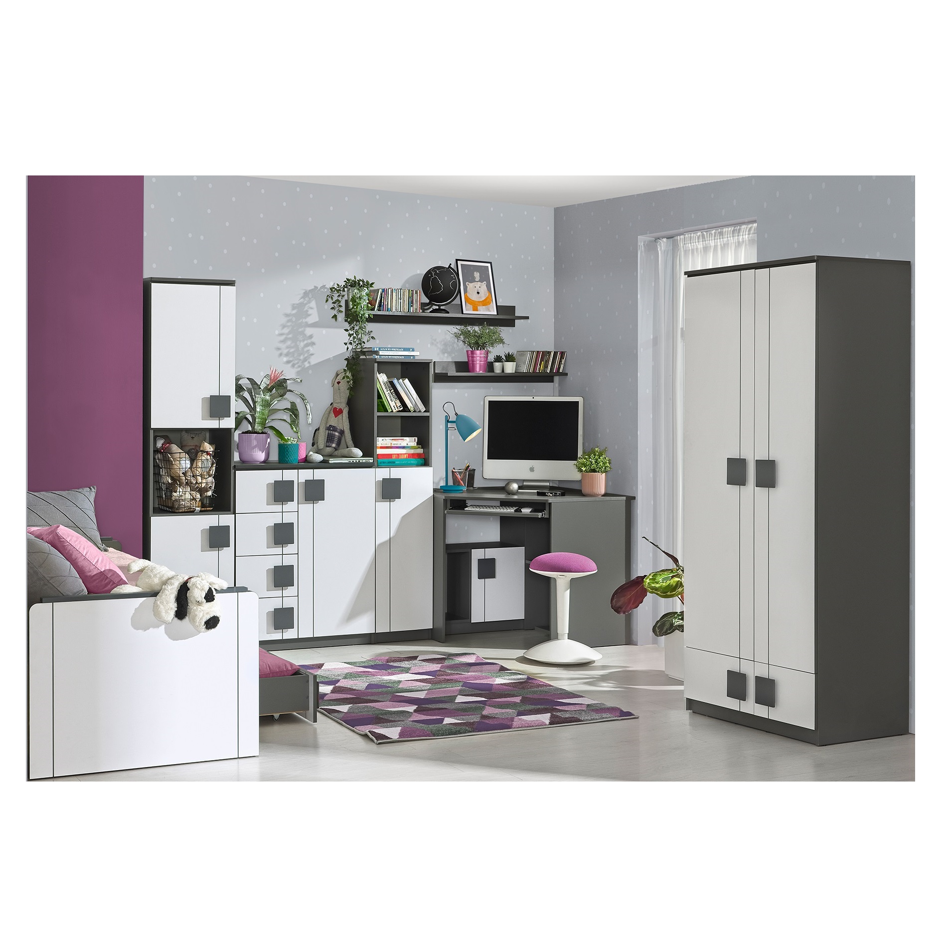 zestaw komplet Gumi 04 biurko narożne komoda łóżko szafa biała