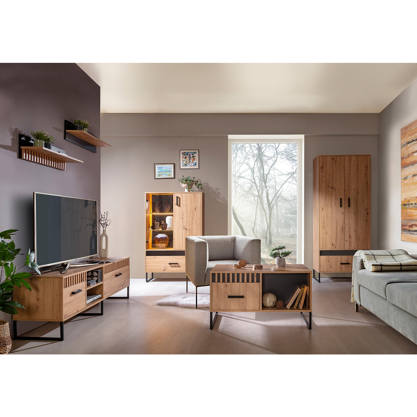 zestaw pokojowy z lamelami Lamelix 2 loft ława rtv szafka witryna szafa