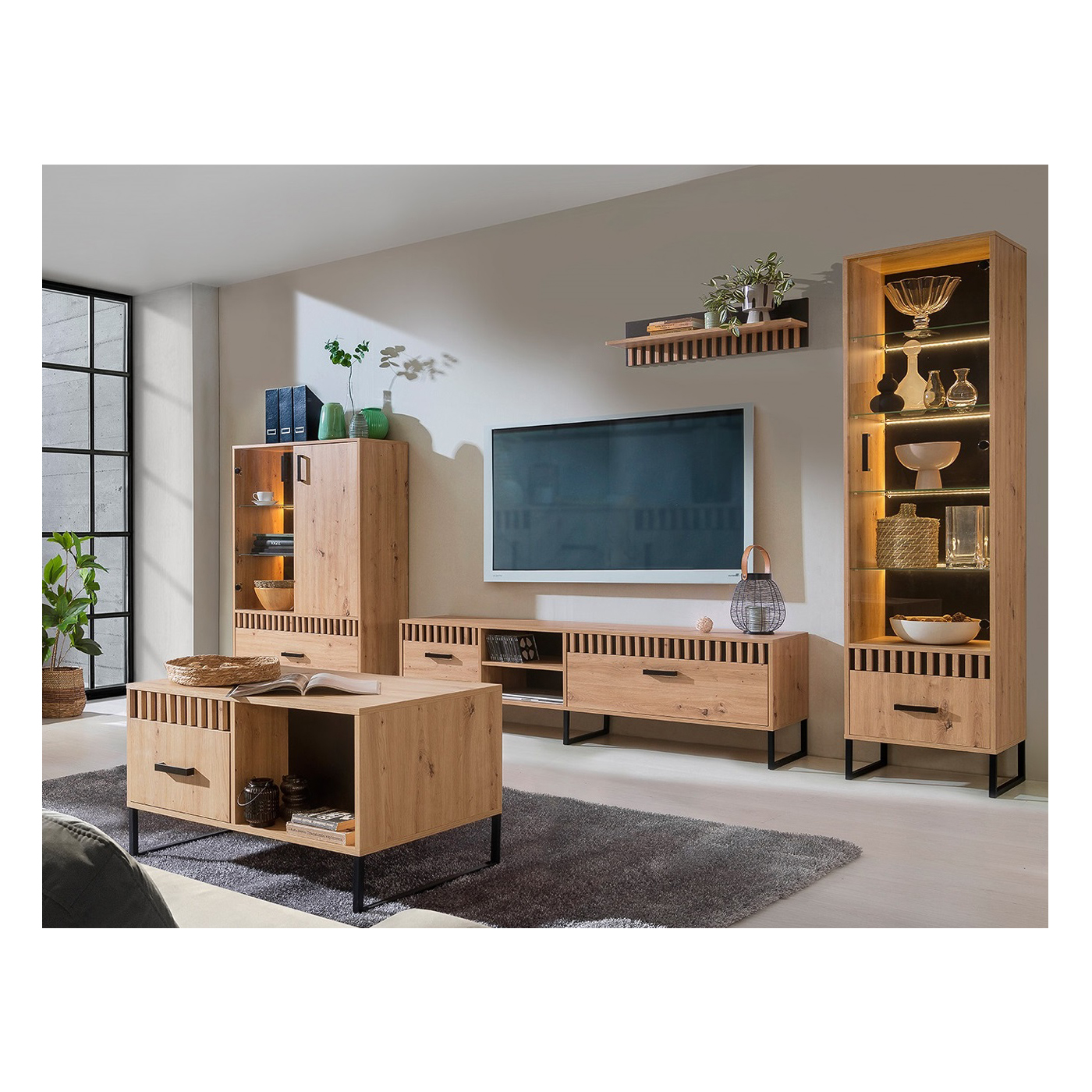 zestaw meblościanka z lamelami Lamelix A rtv szafka witryna ława