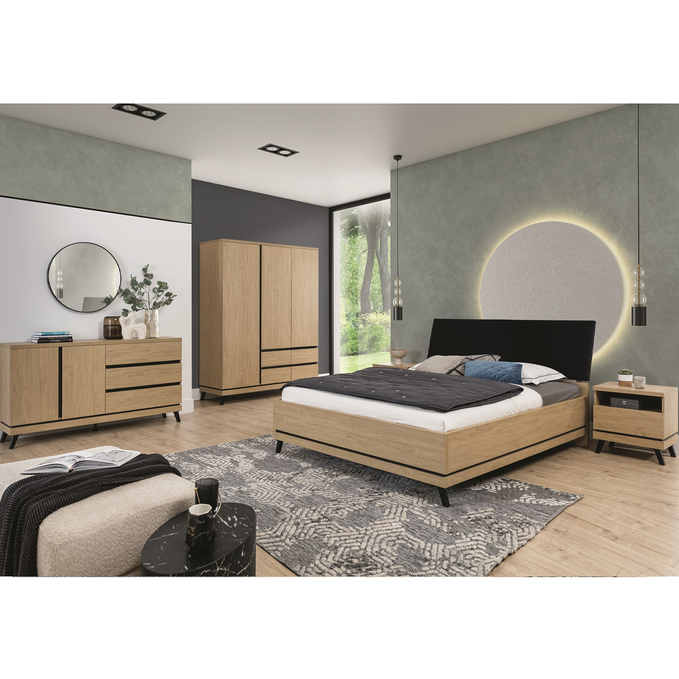 zestaw sypialnia Ate 3 komplet szafa komoda łóżko szafka nocna dąb